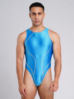 Men Glossy One Piece Swimsuit High Cut Zip Back Bodysuit for Beach & Pool