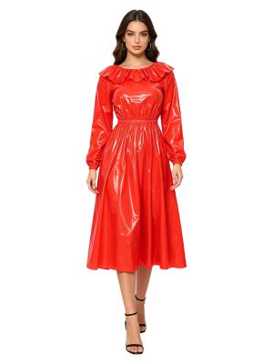 Women Wet-Look Ruffle Vinyl Swing A-line Midi Dress for Rave & Clubwear
