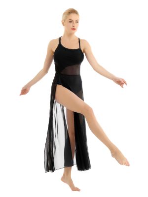 Women Sleeveless Leg Slit Mesh Maxi Lyrical Dance Leotard Dress