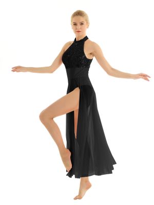 iEFiEL yrical Women's Halter Sequins Modern Contemporary Dance Costume Mesh Tulle Overlay Dress