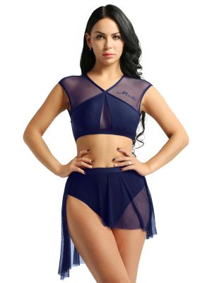Women 2-Piece Backless Mesh Crop Top and Mini Skirt Dance Set