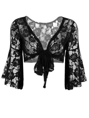 iEFiEL Womens Floral Lace Crotchet Flared Sleeves Slip-on Lace Shrug Top Cardigan Blouse Shirts