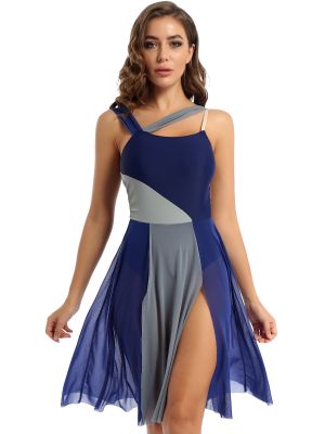 Women Sleeveless Mesh Color Block Leg Slit Lyrcial Dance Leotard Dress