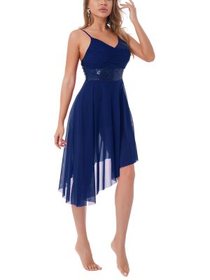 iEFiEL Lyrical Dance Dress Women Asymmetrical Chiffon Sequin Ballet Costume Mesh Tulle High Low Skirt