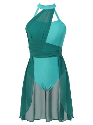 IEFIEL Lyrical Women Adults Sleeveless Mesh Color Block Leotard Dress Modern Contemporary Dance Costume
