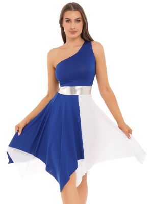 iEFiEL Womens One Shoulder Color Block Praise Dance Dresses Tunic