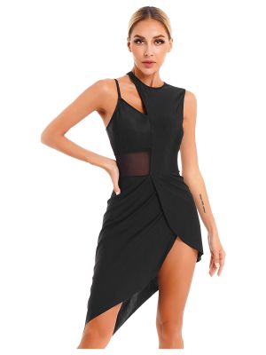 iEFiEL Womens Jazz lyrical Dance Dress Sheer Mesh Sleeveless Waltz Samba Cha-Cha Leotard Dress Dancewear 