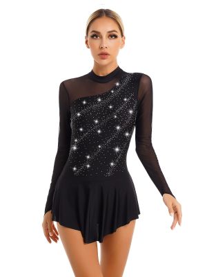 iEFiEL Women Long Sleeve Figure Ice Skating Dress Skater Skirt Lyrical Dance Costume Leotard Dress