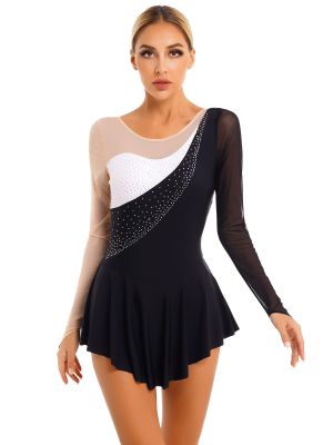 iEFiEL Women's Adult Round Neck  Mesh Figure Ice Skating Dresses Backless Ballet Dance Leotard
