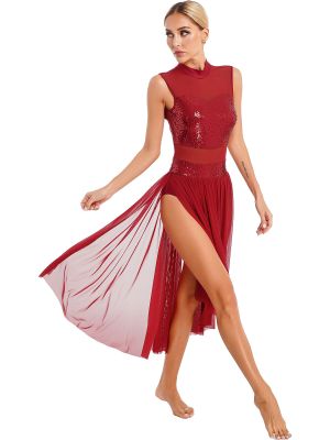 iEFiEL Lyrical Women Dance Dress Sleeveless Sequins Cutout Leotard Modern Contemporary Dress Mesh Split Skirt Dancing Clothes