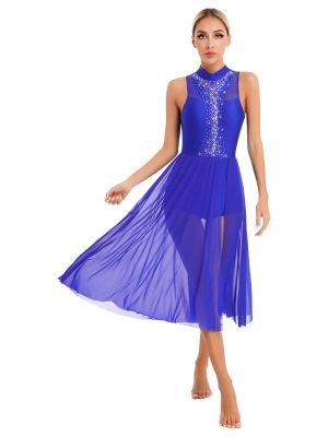 iEFiEL Womens Sleeveless Dance Dresses with Sparkly Rhinestone Decor Mock Neck Dress Mesh Back Keyhole Side Split Dancewear