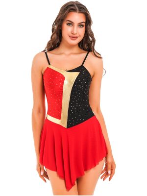 iEFiEL Womens Contrast Color Rhinestone Figure Ice Skating Dance Costume Ballet Modern Gymnastic Dance Leotard