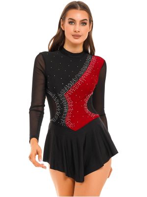 iEFiEL Women Shiny Rhinestone Mesh Patchwork Gymnastics Leotard Figure Skating Dress Performance Costume