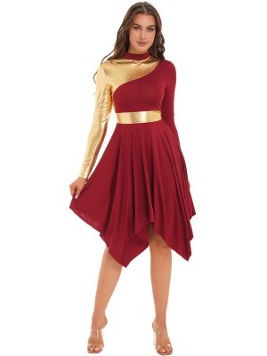iEFiEL Women Long Sleeve Praise Dance Dress Liturgical Metallic Color Block Robe Worship Dresses