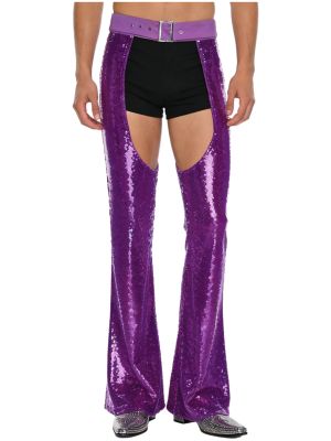 Men's Sequin Cowboy Chap Pants Cutout Flared Party Bottoms for Halloween, Raves