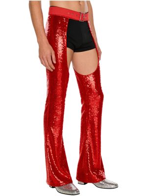 Men's Sequin Cowboy Chap Pants Cutout Flared Party Bottoms for Halloween, Raves