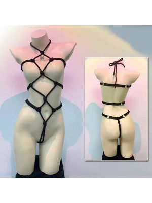 iEFiEL Rope Knot Bodysuit Halter Hollow-out T-back Adjustable Back Straps One Piece Jumpsuit Nightwear for Rave Club Dating