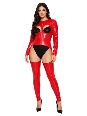 Women Rave Catsuit Club Jumpsuits PU Leotards Leather One-Piece