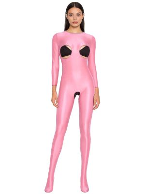 Women Glossy Footed Bodysuit Cutout Cup Catsuit with Open Gusset for Rave, Club