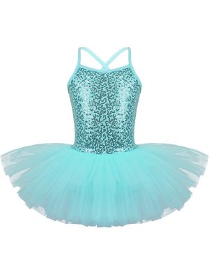 iEFiEL Kids Girls Sparkly Sequin Ballet Dance Dress Tutu Crisscross Back Straps Mesh Skirted Leotard Ballerina Dancewear