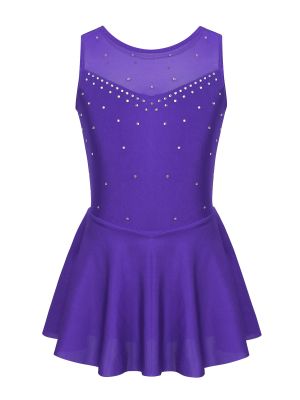iEFiEL Kids Girls Figure Ice Skating Dress Sleeveless Sparkly Rhinestone Ballet Dance Dress Tutu Leotard Roller Skating Costume