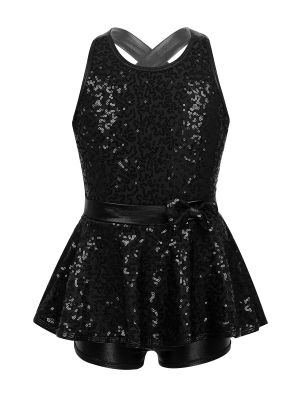 iEFiEL Kids Girls Sparkly Sequins Ballet Jazz Latin Dance Dress Cutout Back Gymnastic Leotards Short Unitard Dancewear