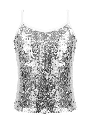 iEFiEL Kids Girls Sequins Sparkly Jazz Modern Dance Tank Tops Camisole Sleeveless Adjustable Straps Crop Top Vest Shirt