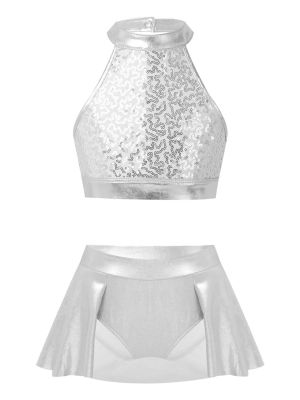 iEFiEL Kids Girls 2 Pieces Jazz Latin Dance Outfits Set Shiny Sequins Crop Tops Metallic Irregular Skirts Performance Costume