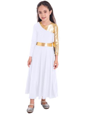 iEFiEL Kids Girls Metallic Praise Lyrical Dance Dress Color Block Worship Church Long Dresses Dancewear