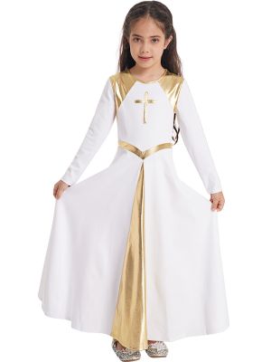 iEFiEL Kids Girls Metallic Color Block Praise Dance Dress Long Sleeve Liturgical Worship Church Maxi Dresses Dancewear