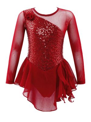 iEFiEL Kids Girls Sparkly Sequins Ballet Dance Dress Long Sleeve Cutout Back Gymnastic Tutu Leotard Figure Ice Skating Costume