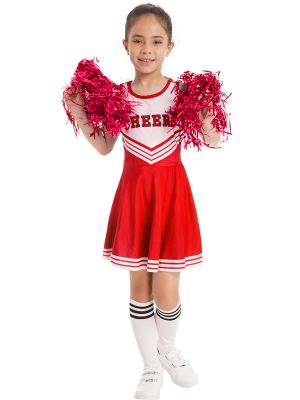 iEFiEL Kids Girls Cheer Leader Costume Cheerleading Uniform Carnival Halloween Dance Fancy Dress with Stockings Pom Pom Sets