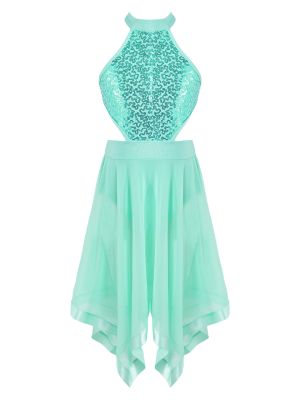 iEFiEL Kids Girls Sequin Ballet Lyrical Dance Dress Halter Irregular Skirts Leotard Ballerina Latin Jazz Modern Dance Costume