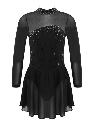 iEFiEL Kids Girls Shiny Rhinestones Figure Ice Skating  Dress Mesh Long Sleeves Ballet Dance Tutu Leotard Roller Skating Costume