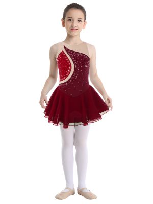 iEFiEL Kids Girls Figure Ice Skating Dress Shiny Rhinestone Sleeveless Ballet Dance Dresses Competition Costume Dancewear