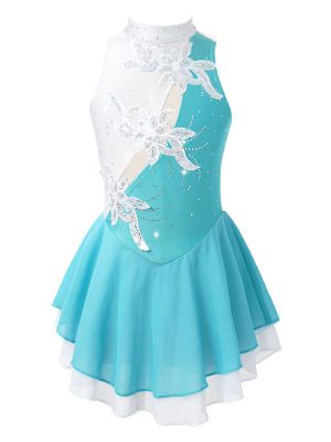iEFiEL Kids Girls Figure Ice Skating Dress Shiny Rhinestone Roller Skating Dresses Ballet Dance Competition Costume Dancewear