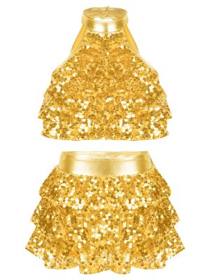 iEFiEL Kids Girls Sequins Jazz Latin Ballet Dance Outfits Halter Metallic Crop Top with Skirt Set Performance Costume Dancwear