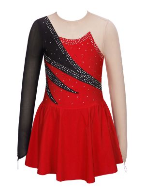 iEFiEL Kids Girls Long Sleeve Rhinestone Figure Ice Skating Dance Dress Color Block Hollow Back Tutu Leotard Dancewear
