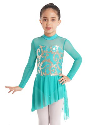 iEFiEL Kids Girls Shiny Sequins Long Sleeve Ballet Lyrical Dance Dress Gymnastic Tutu Leotard Jazz Latin Ballroom Costume