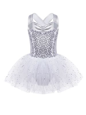 Girls Sequin Leotard Ballet Jazz Dance Dress - Shiny Mesh Tutu Skirt, Sleeveless