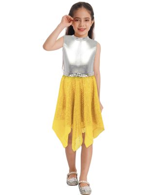 iEFiEL Kids Girls Metallic Sleeveless Praise Lyrical Dance Dress Color Block Worship Church Dresses Dancewear