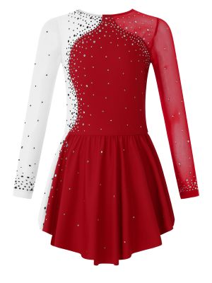 iEFiEL Kids Girls Long Sleeve Figure Ice Skating Dress Shiny Rhinestone Color Block Lyrical Dance Dress Competition Costume