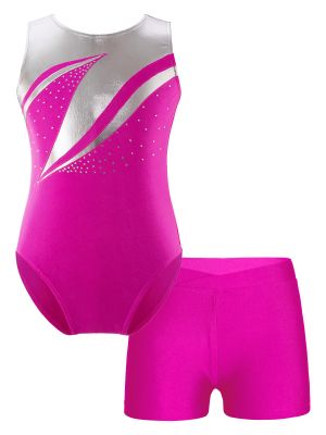 iEFiEL Kids Girls Rhinestone Sleeveless Gymnastic Leotard with Short 2 Piece Jazz Dance Outfits Set Dancewear