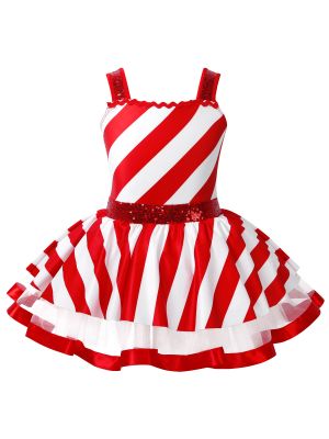 IEFIEL Kids Girls Sequins Christmas Candy Cane Costume Xmas Holiday Party Striped Dance Figure Ice Skating Tutu Dress Dancewear