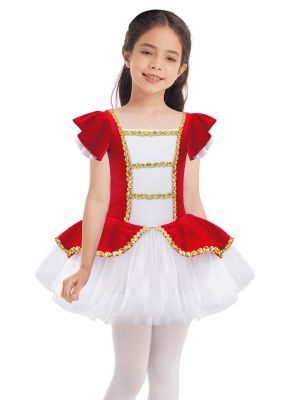 IEFIEL Kids Girls Circus Ringmaster Puff Sleeve Dance Tutu Dress Majorette Holiday Stage Performance Costume Dancewear