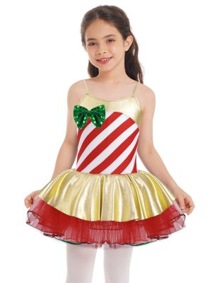 IEFIEL Kids Girls Mrs Santa Claus Dance Costume Christmas Holiday Candy Cane Figure Ice Skating Tutu Dress Leotard Dancewear