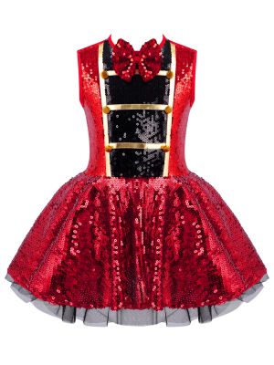 IEFIEL Kids Girls Shiny Sequins Holiday Dance Tutu Dress Red Circus Ringmaster Majorette Stage Performance Costume Dancewear
