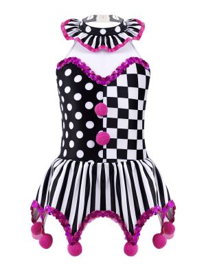 IEFIEL Kids Girls Creepy Jester Clown Costume Halloween Scary Circus Cosplay Dress