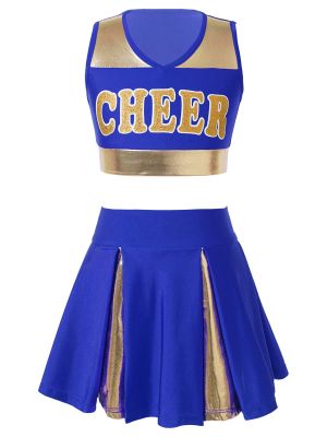 IEFIEL Kids Girls Cheer Leader Costume Letter Print Crop Tops with Pleated Skirt Cheerleading Dance Stage Performance Outfits