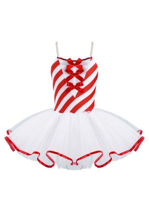 IEFIEL Kids Girls Candy Cane Christmas Dance Tutu Dress Leotard Xmas Holiday Party Santa Claus Dancing Stage Performance Costume